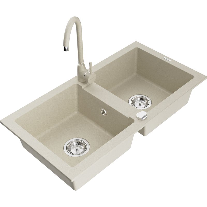 Zlewozmywak granitowy 2-komorowy Mexen Mario z baterią kuchenną Telma biały - 6504-20-670200-50 1 szt.