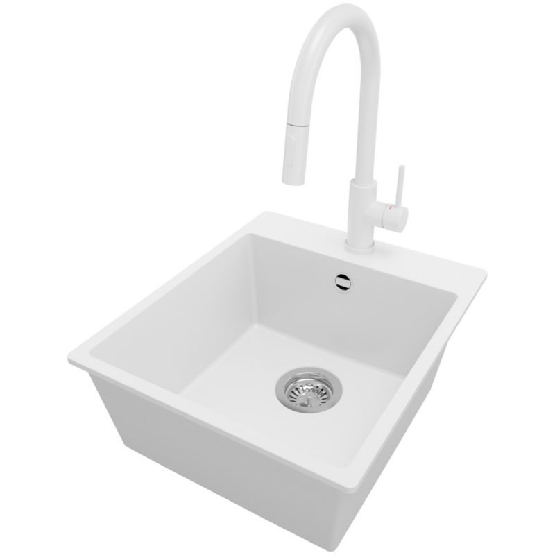 Zlewozmywak Granitowy Ryga PRIMAGRAN Nablatowy 43x50cm do szafki od 45cm, Biały + Bateria 40x20cm + Syfon, S145, 1 szt.