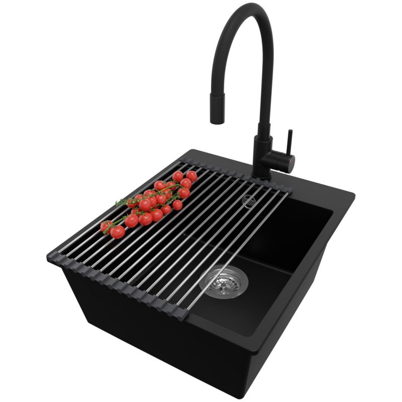 Zlewozmywak Granitowy Ryga PRIMAGRAN Nablatowy 43x50cm do szafki od 45cm z Syfonem i Baterią i Dodatkiem Czarny 1 szt.