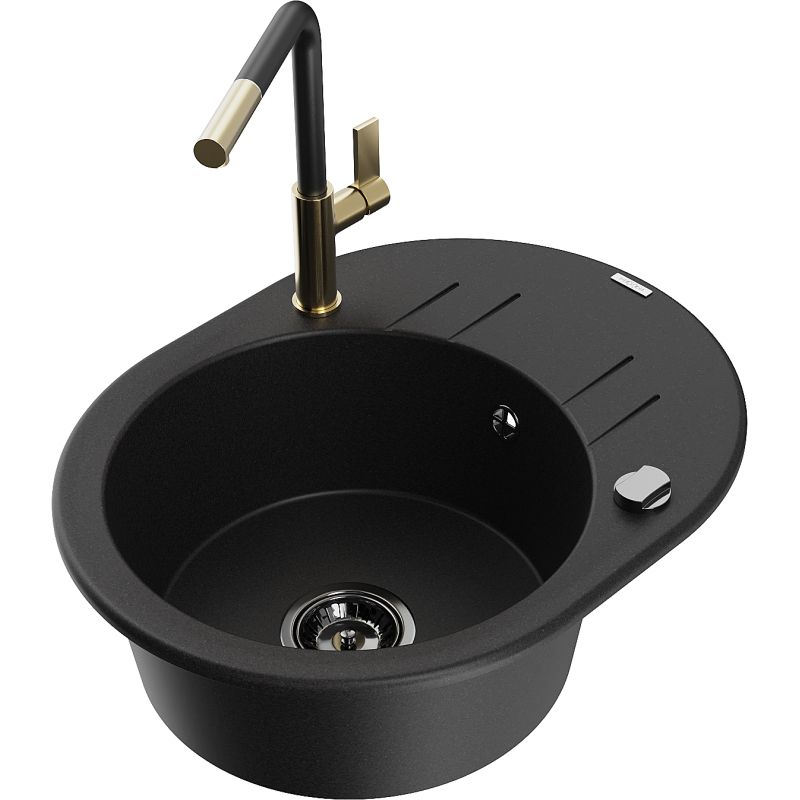 Zlewozmywak granitowy 1-komorowy Mexen Kevin z ociekaczem i baterią kuchenną Flora czarny - 6517-77-670401-70-B 1 szt.