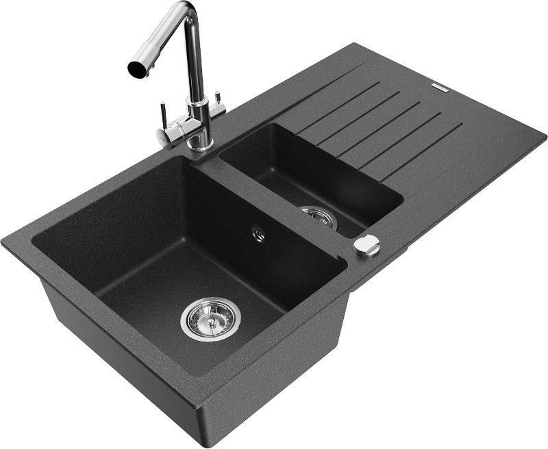 Zlewozmywak granitowy Mexen Matias 1,5-komorowy z ociekaczem i baterią kuchenną Duero czarny 6502-76-671600-00