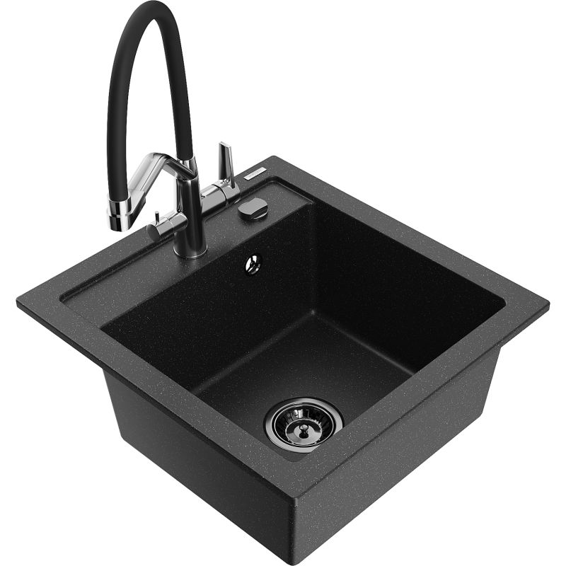 Zlewozmywak granitowy 1-komorowy Mexen Vito z baterią kuchenną Duo czarny/srebrny metalik 6503-73-671701-07-B
