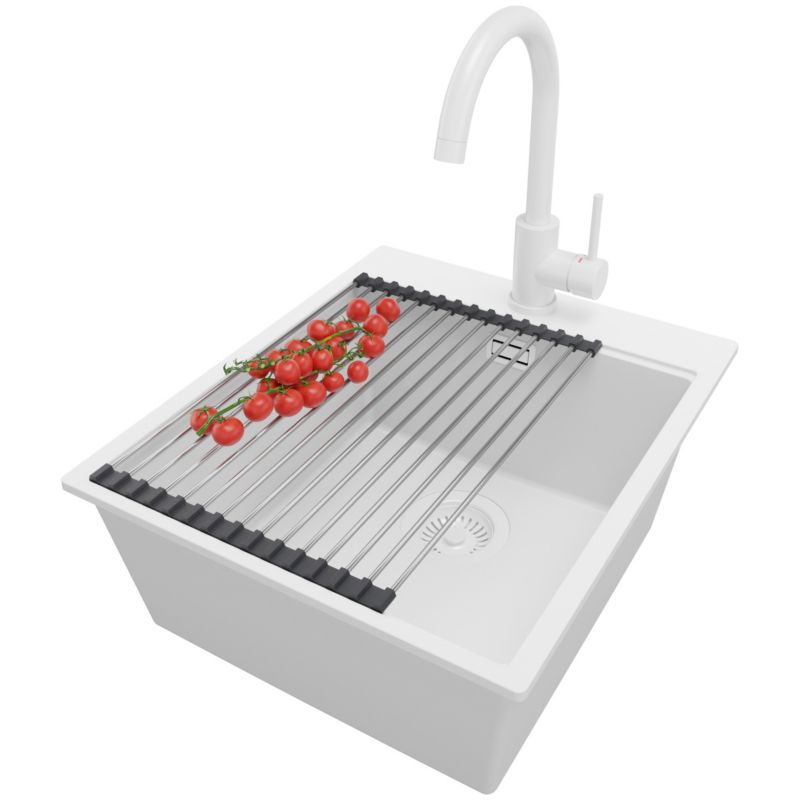 Zlewozmywak Granitowy Oslo PRIMAGRAN Nablatowy 43x50cm do szafki od 45cm z Syfonem i Baterią i Dodatkiem Cały Biały 1 szt.