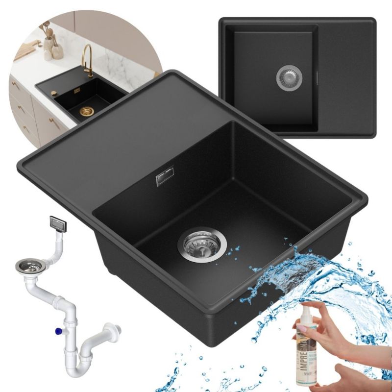 Zestaw zlewozmywak kuchenny GranMaster Smuud 1-komorowy z ociekaczem, impregnatem i syfonem - czarny metalik 1szt.