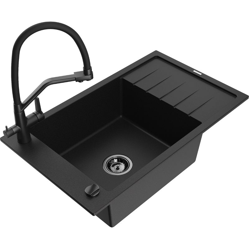 Zlewozmywak granitowy 1-komorowy Mexen Elias z ociekaczem i baterią kuchenną Duo czarny nakrapiany - 6511-76-671701-70-B 1 szt.