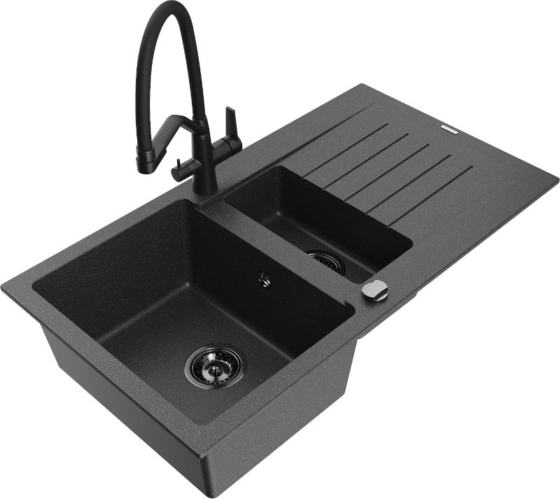 Zlewozmywak granitowy Mexen Matias 1,5-komorowy z ociekaczem i baterią kuchenną Duo czarny 6502-76-671701-70-B