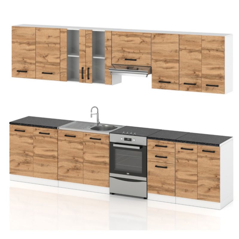 Zestaw Kuchenny Hurtownia-Mebli Z Blatem Kuchnia Jowita 3.2 320cm Biały Mat Dąb Wotan 320x47x145 cm 1szt.