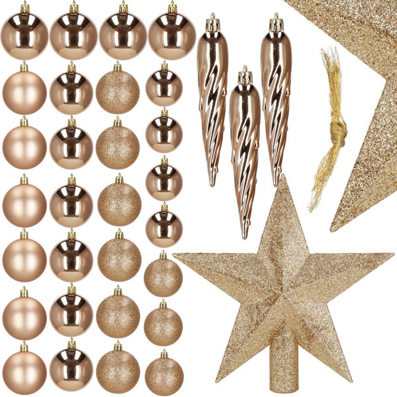 Bombki choinkowe Springos, zawieszki rose gold na choinkę z gwiazdą, ozdoby świąteczne 33 szt.