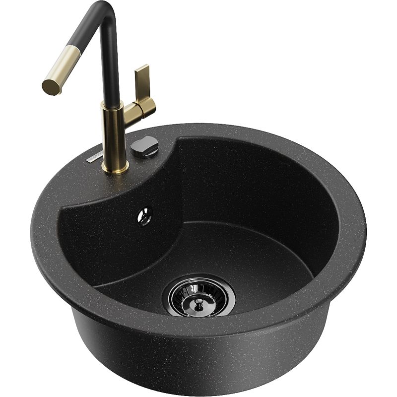 Zlewozmywak granitowy 1-komorowy Mexen Diego z baterią kuchenną Flora czarny/srebrny metalik 6512-73-670401-57-B