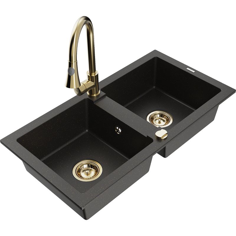 Zlewozmywak granitowy 2-komorowy Mexen Mario z baterią kuchenną Elia czarny/złoty metalik 6504-75-670101-50