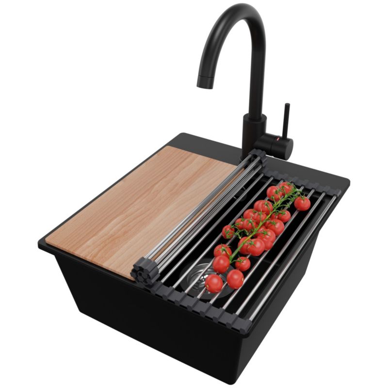 Zlewozmywak Granitowy Ryga Easy PRIMAGRAN Nablatowy 38x44cm do szafki od 40cm z Syfonem i Baterią i Dodatkiem Czarny 1 szt.