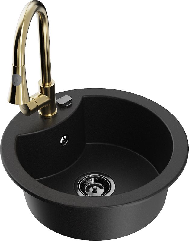 Zlewozmywak granitowy Mexen Diego 1-komorowy z baterią kuchenną Elia czarny 6512-77-670101-50-B
