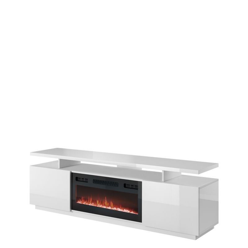 Szafka RTV z kominkiem MIRJAN 24 Eva biały / biały połysk + czarny kominek 1 szt.
