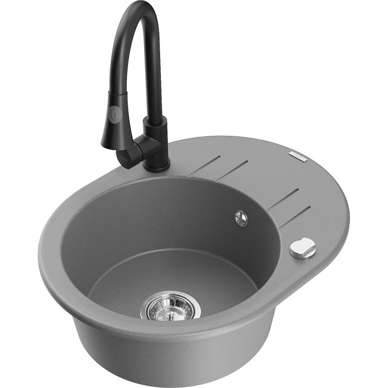Zlewozmywak granitowy 1-komorowy Mexen Kevin z ociekaczem i baterią kuchenną Elia szary 6517-71-670101-70