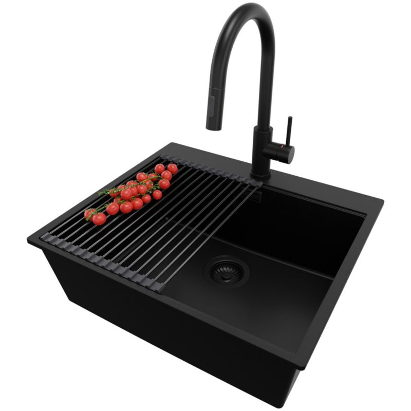 Zlewozmywak Granitowy Oslo PRIMAGRAN Nablatowy 58x50cm do szafki od 60cm z Syfonem i Baterią i Dodatkiem Cały Czarny 1 szt.