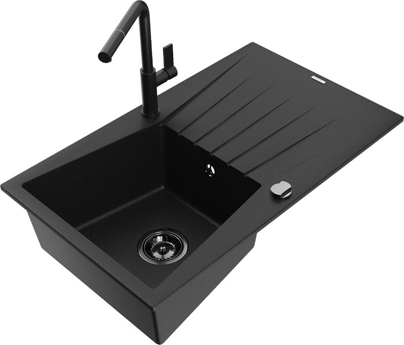 Zlewozmywak granitowy Mexen Cesar 1-komorowy z ociekaczem i baterią kuchenną Flora czarny - 6514-77-670401-57-G 1 szt.