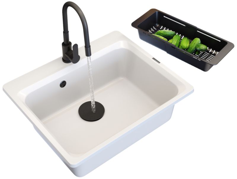 Zlewozmywak Granitowy Granitan Zante Biały Zestaw Bateria Kuchenna Koszyk Zaślepka Czarna 1 szt.