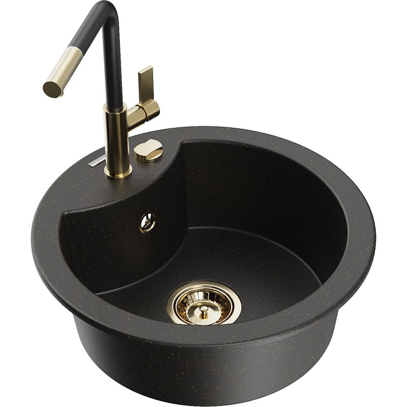 Zlewozmywak granitowy 1-komorowy Mexen Diego z baterią kuchenną Flora czarny/złoty metalik 6512-75-670401-57-G