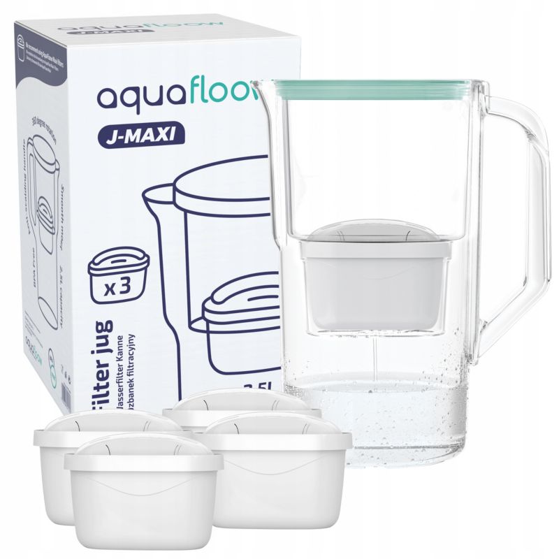 Dzbanek filtrujący wodę, AquaFloow J-MAXI, plastikowy, 2.5l, miętowy + 5x filtr wody AquaFloow Maxi, zestaw, 6szt