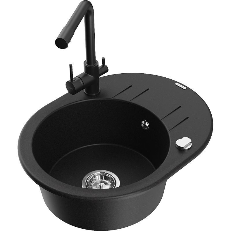 Zlewozmywak granitowy 1-komorowy Mexen Kevin z ociekaczem i baterią kuchenną Duero czarny - 6517-77-671600-50-B 1 szt.