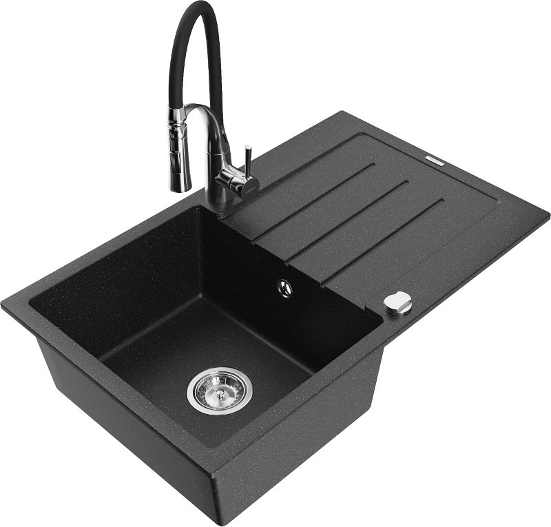 Zlewozmywak granitowy Mexen Bruno 1-komorowy z ociekaczem i baterią kuchenną Aster czarny/srebrny 6513-73-73450-07