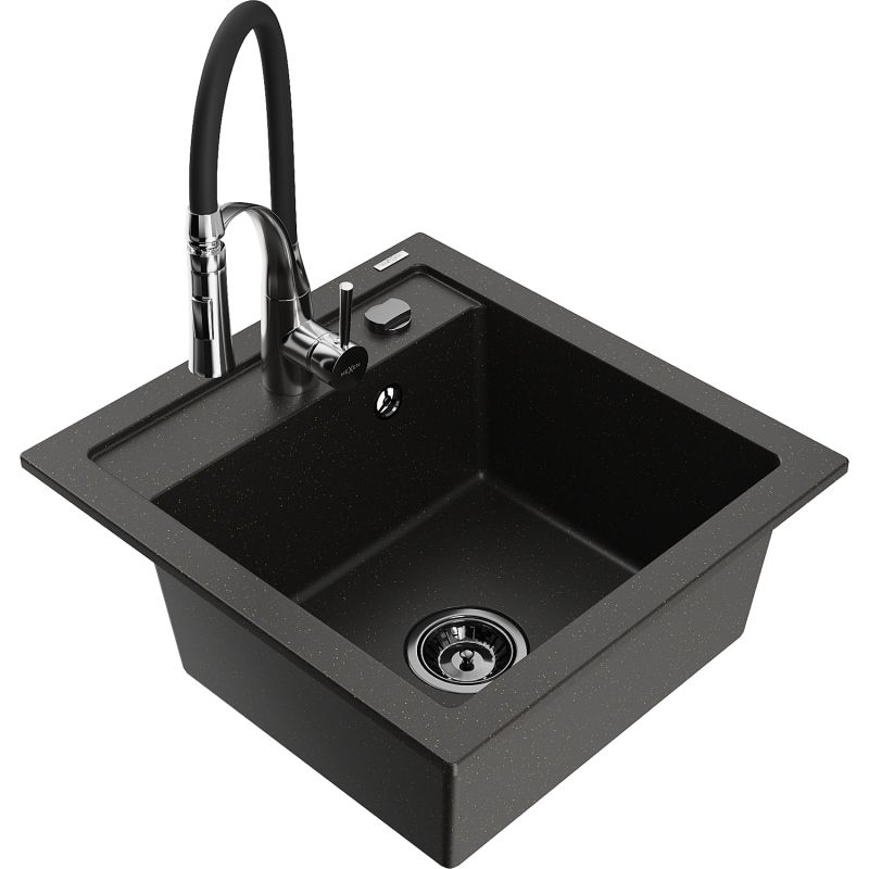 Zlewozmywak granitowy 1-komorowy Mexen Vito z baterią kuchenną Aster czarny/złoty metalik 6503-75-73450-07-B