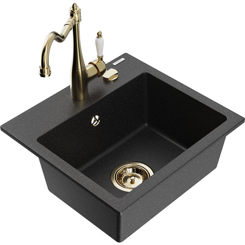 Zlewozmywak granitowy 1-komorowy Mexen Milo z baterią kuchenną Carla czarny/srebrny metalik 6505-73-670700-50