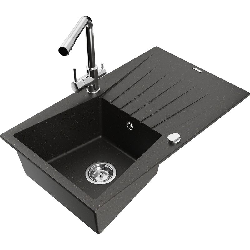 Zlewozmywak granitowy 1-komorowy Mexen Cesar z ociekaczem i baterią kuchenną Duero czarny/złoty metalik 6514-75-671600-00