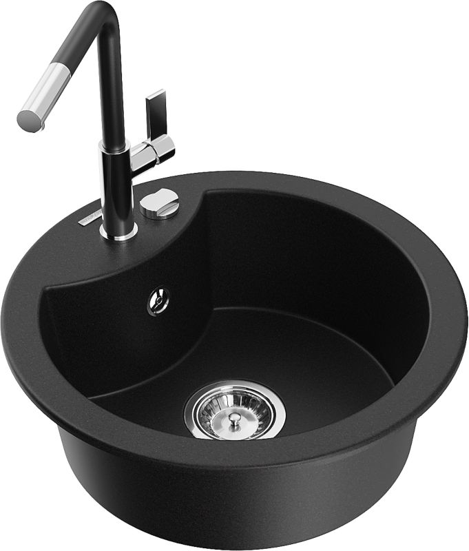 Zlewozmywak granitowy Mexen Diego 1-komorowy z baterią kuchenną Flora czarny 6512-77-670401-07