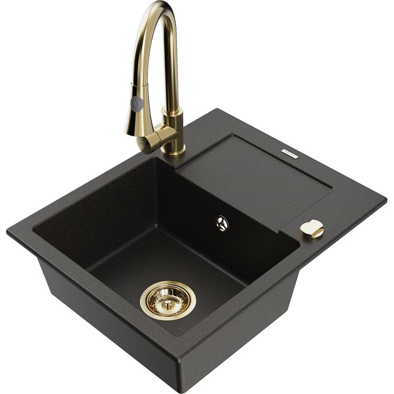 Zlewozmywak granitowy 1-komorowy Mexen Enzo z ociekaczem i baterią kuchenną Elia czarny/złoty metalik 6506-75-670101-50