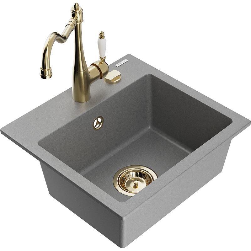 Zlewozmywak granitowy 1-komorowy Mexen Milo z baterią kuchenną Carla szary 6505-71-670700-50