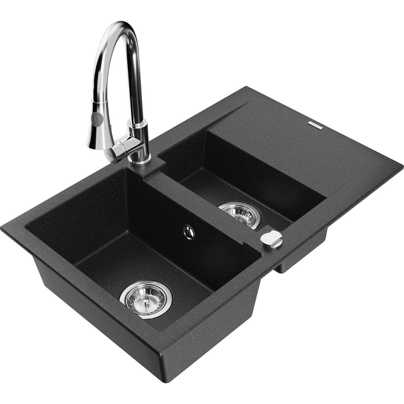 Zlewozmywak granitowy 1.5-komorowy Mexen Gaspar z ociekaczem i baterią kuchenną Elia czarny/srebrny metalik 6507-73-670101-00
