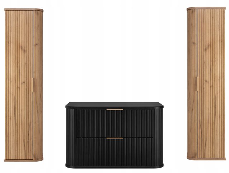Szafka pod umywalkę i dwa słupki Furnidea 80 cm + 2 x 139 cm czarna dąb craft ryflowany Glamour zestaw