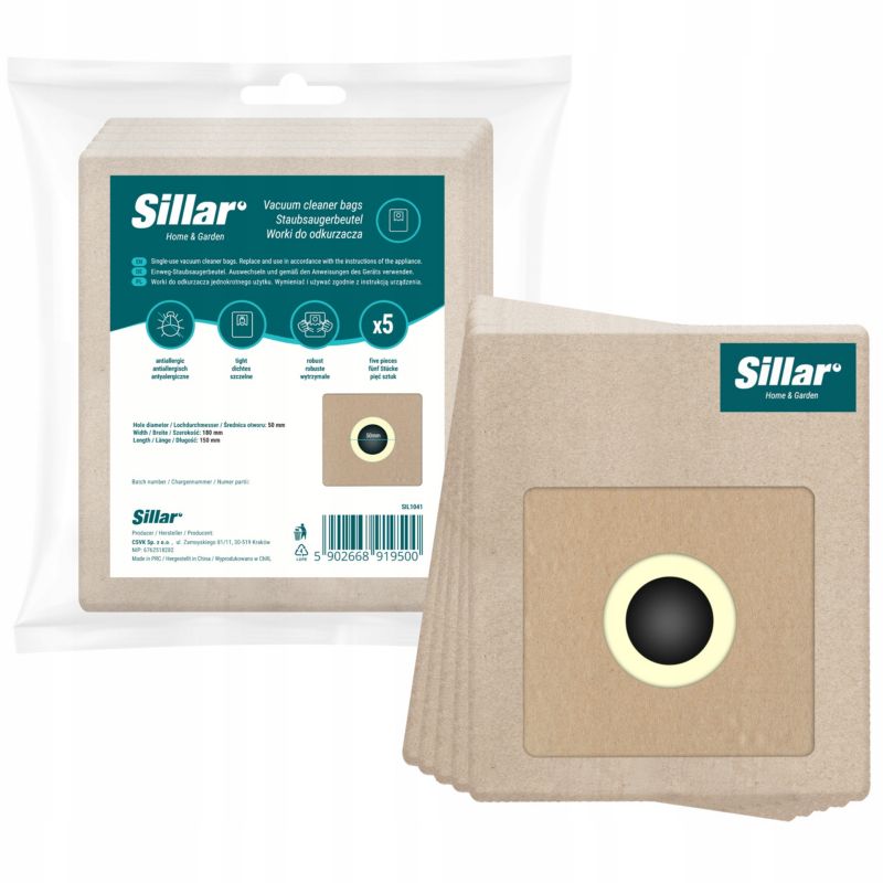 Worki do odkurzacza, Sillar, papierowe, do odkurzaczy tradycyjnych Amica Zelmer Bosch, zamiennik AW3011/13 FC8334, 15x18cm, 5 szt