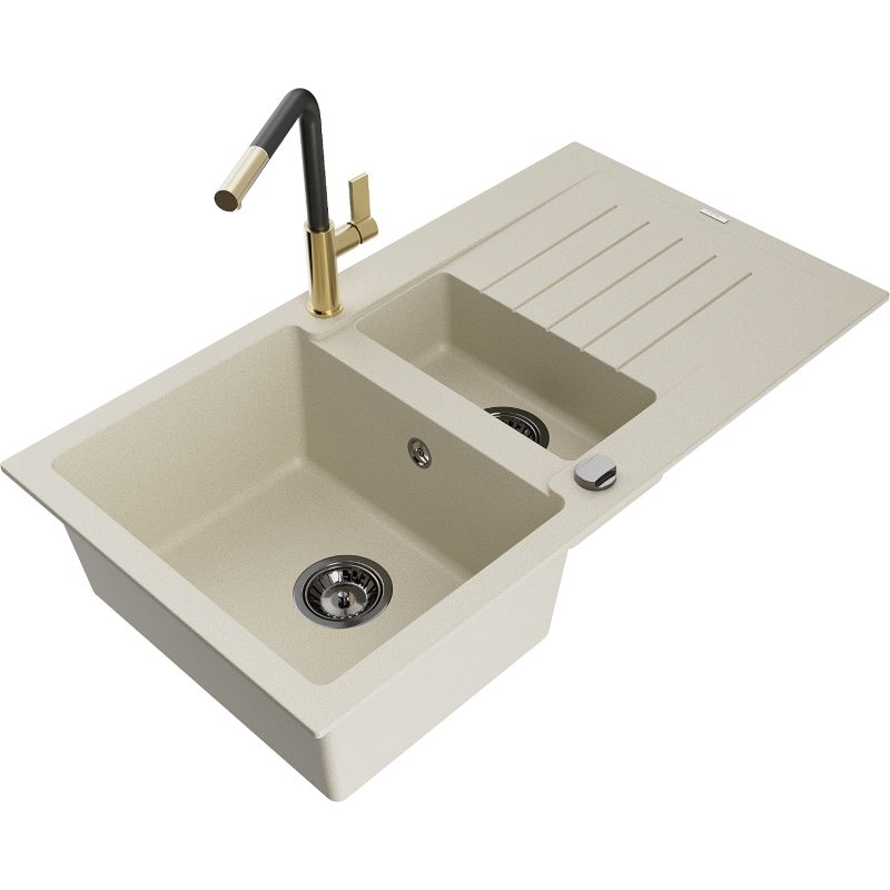 Zlewozmywak granitowy 1.5-komorowy Mexen Matias z ociekaczem i baterią kuchenną Flora beżowy 6502-69-670401-57-B