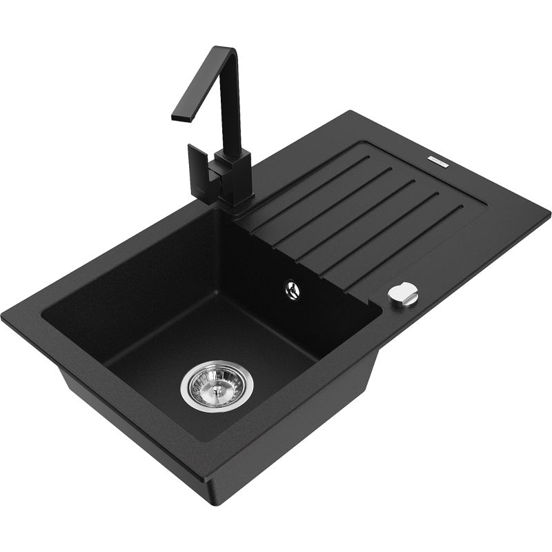 Zlewozmywak granitowy 1-komorowy Mexen Pablo z ociekaczem i baterią kuchenną Rita czarny - 6510-77-670300-50-B 1 szt.
