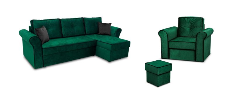 Zestaw Wypoczynkowy Narożnik Bonni Trevor + Fotel z Pufą Zielony 1 szt.