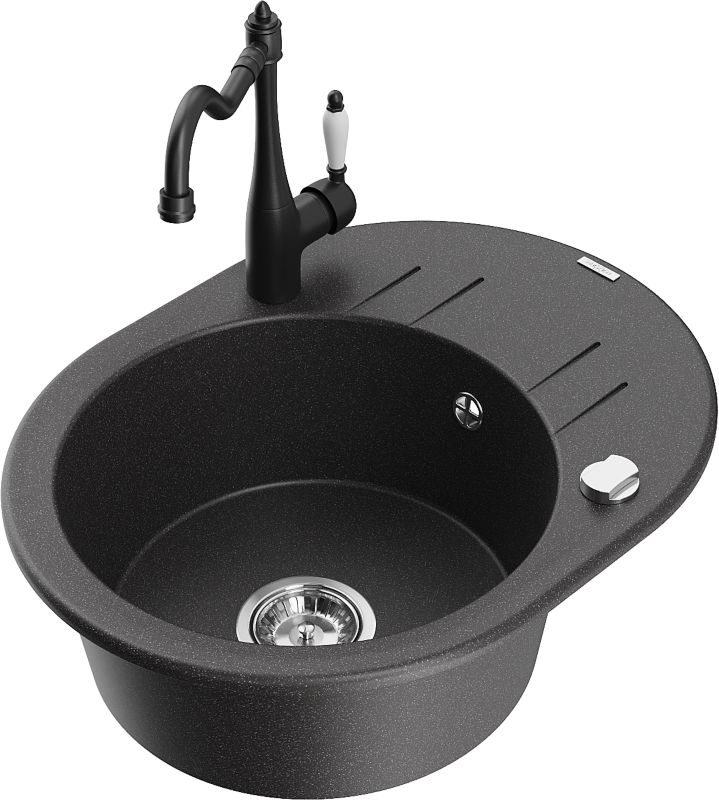 Zlewozmywak granitowy Mexen Kevin 1-komorowy z ociekaczem i baterią kuchenną Carla czarny 6517-76-670700-70