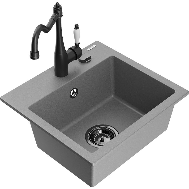 Zlewozmywak granitowy 1-komorowy Mexen Milo z baterią kuchenną Carla szary 6505-71-670700-70-B
