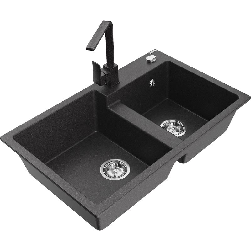 Zlewozmywak granitowy 2-komorowy Mexen Tomas z baterią kuchenną Rita czarny/srebrny metalik - 6516-73-670300-70-B 1 szt.