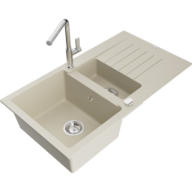 Zlewozmywak granitowy 1.5-komorowy Mexen Matias z ociekaczem i baterią kuchenną Flora beżowy 6502-69-670401-00