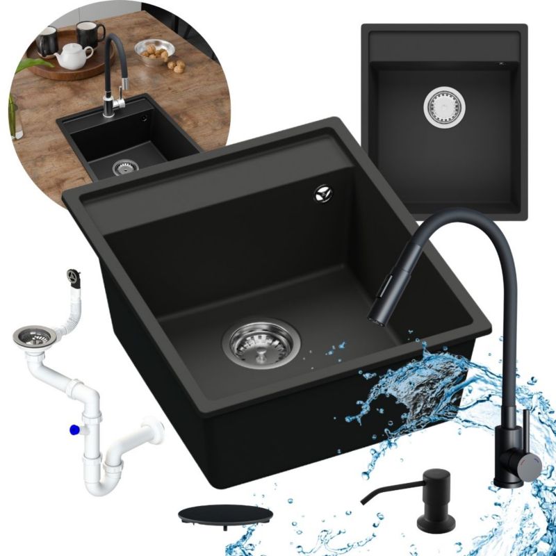 Zestaw zlewozmywak kuchenny GranMaster Magma 1-komorowy bez ociekacza - z baterią, dozownikiem płynu, impregnatem czarny mat 1szt.