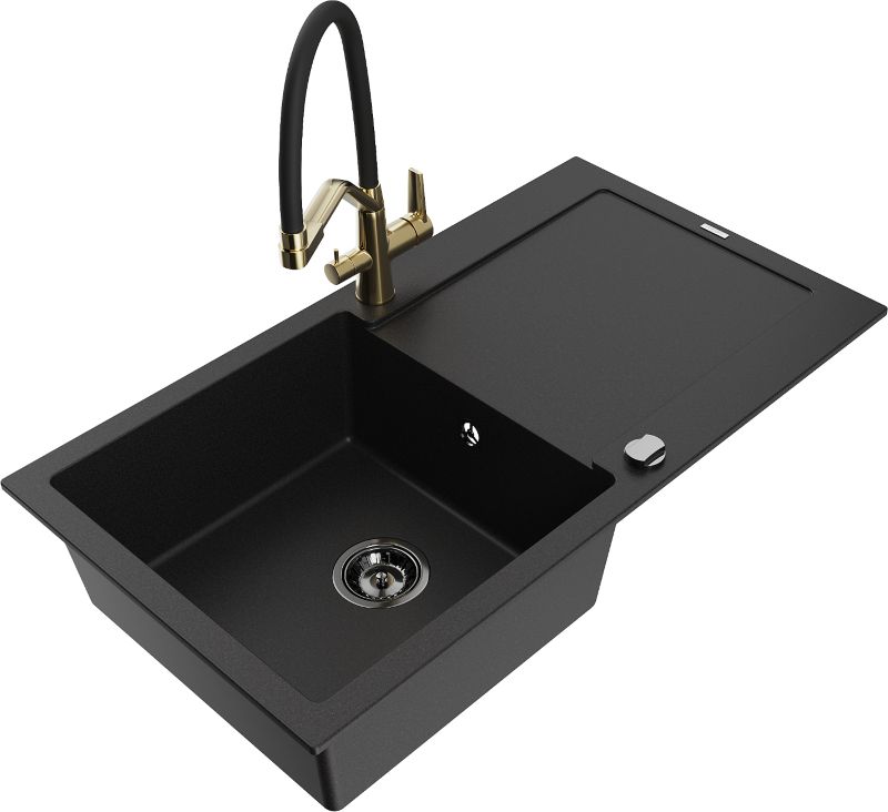 Zlewozmywak granitowy Mexen Leo 1-komorowy z ociekaczem i baterią kuchenną Duo czarny/srebrny - 6501-73-671701-57-B 1 szt.