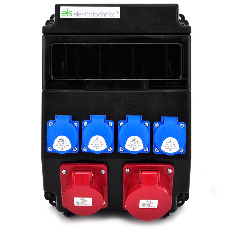 Rozdzielnica budowlana ELS Elektrotechnika 11NO411CZ 4x230V 2x400V 16A/32A IP54, obudowa ABS czarna, pełne okablowanie, 1 szt.