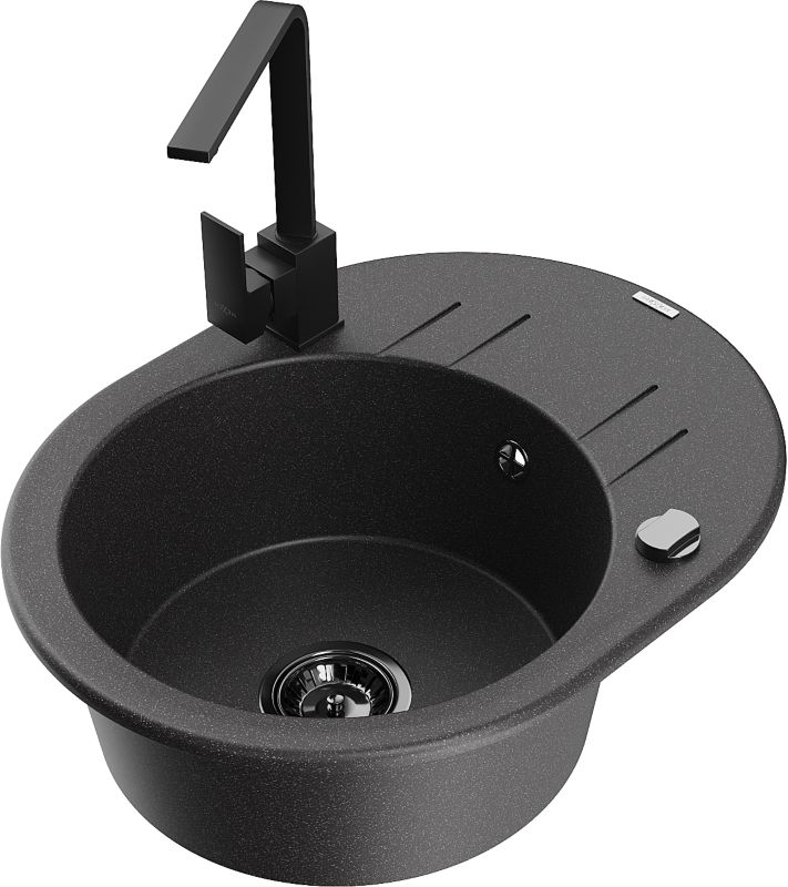 Zlewozmywak granitowy Mexen Kevin 1-komorowy z ociekaczem i baterią kuchenną Rita czarny/złoty - 6517-75-670300-70 1 szt.