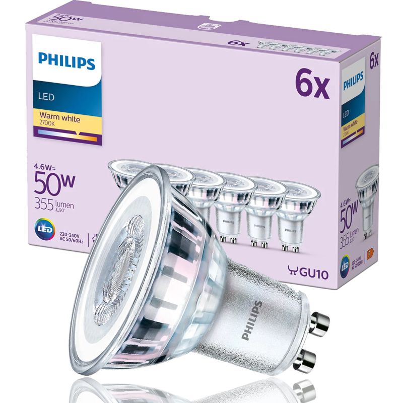 Zestaw 6x żarówka Philips GU10 4,6W (50W) ciepła biel 2700K 355lm 77lm/W 1 op.