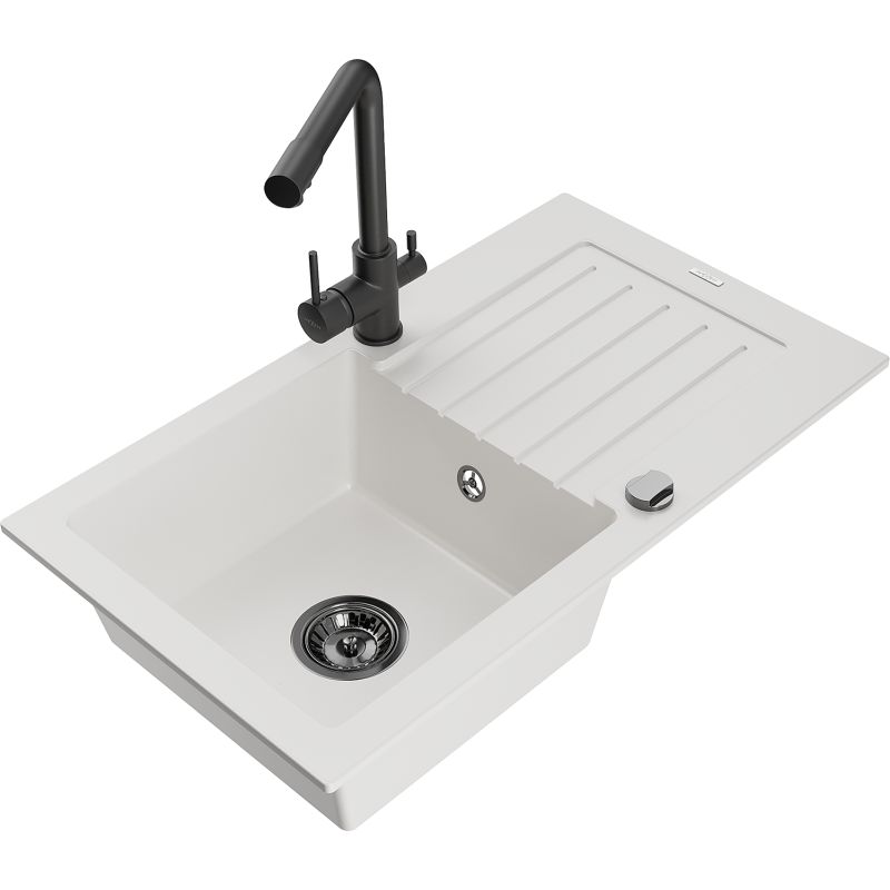 Zlewozmywak granitowy 1-komorowy Mexen Pablo z ociekaczem i baterią kuchenną Duero czarny - 6510-77-671600-70 1 szt.