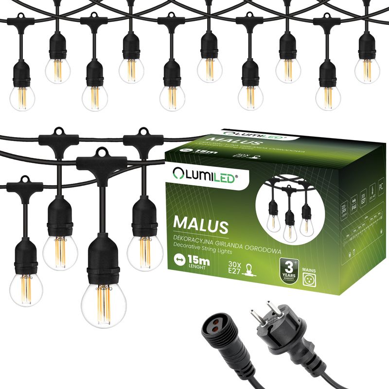 Girlanda Ogrodowa LED Lumiled Zewnętrzna Łańcuch Świetlny 15m + 30x E27 Żarówki 7W 4000K 1 kpl.