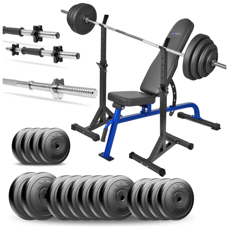 Zestaw do ćwiczeń siłowych Pretorians 109 kg z ławką treningową, stojakami gryfem prostym, obciążeniem 65 kg zestaw