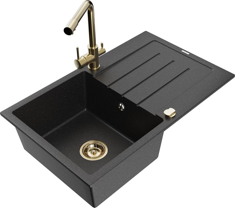 Zlewozmywak granitowy Mexen Bruno 1-komorowy z ociekaczem i baterią kuchenną Duero czarny/srebrny 6513-73-671600-50